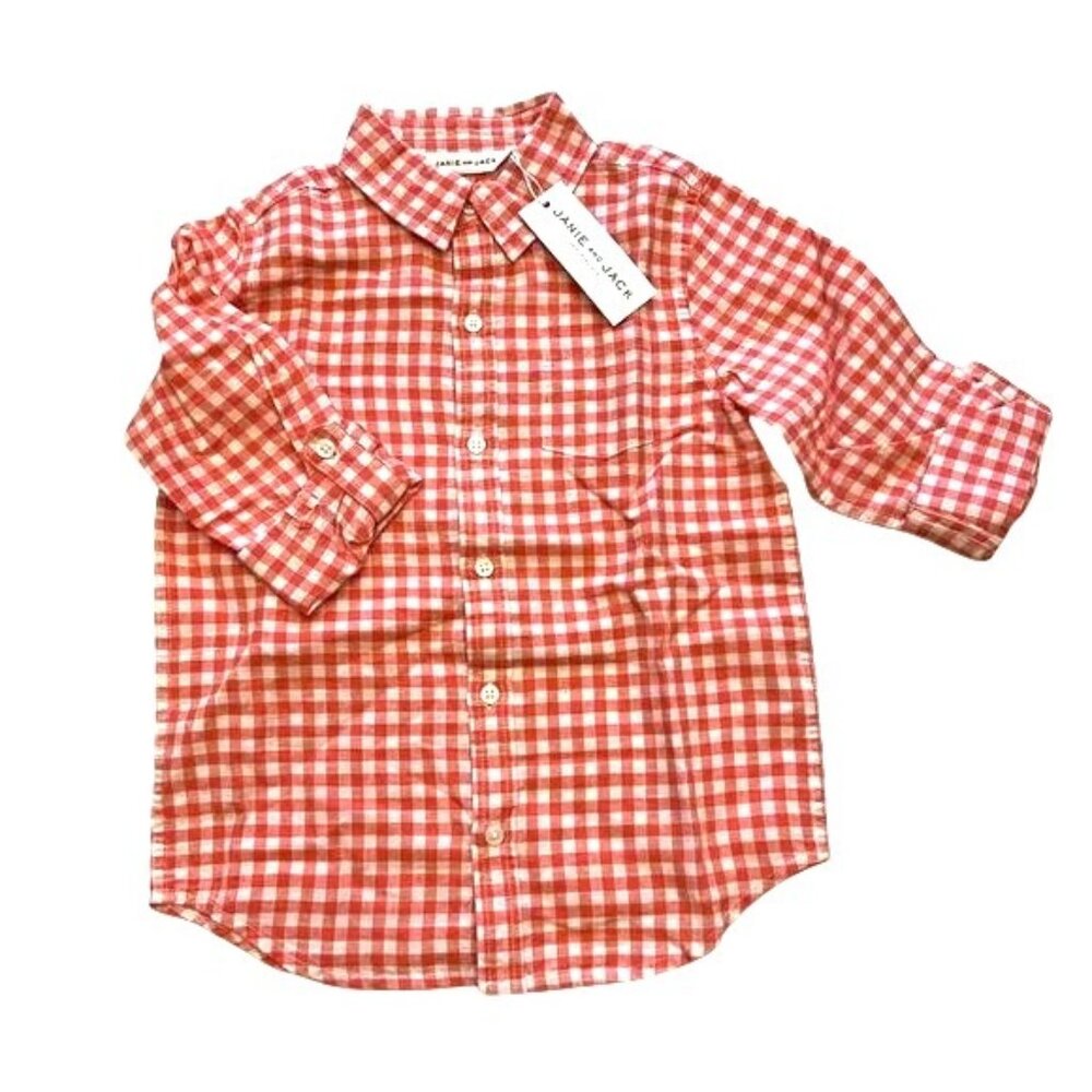 Janie And Jack Kids Light Red & White Checked Longsleeve Button Down Size 5